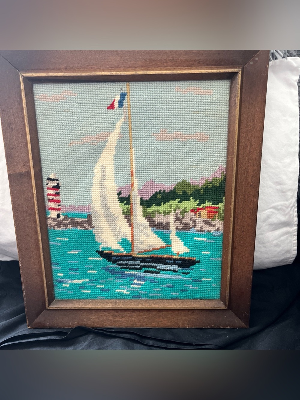 Vintage Needlepoint Sailboat Boat on Water Landscape Lighthouse Framed Wall Art